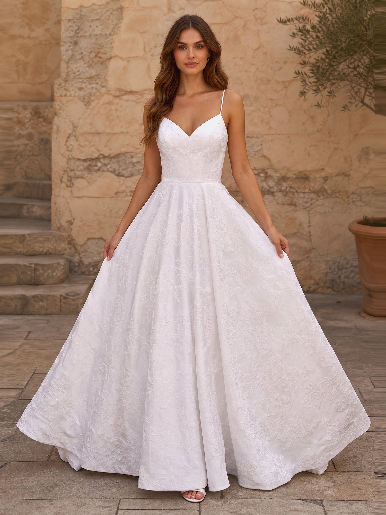 Elegant Floral Lace A-Line Wedding Dress with Spaghetti Straps & Sweep Train