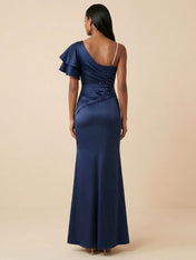 Navy Blue One Shoulder Pleated Maxi Gown with High Slit