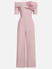 Women Pink 3D Floral Off The Shoulder Short Sleeve Dressy Jumpsuit