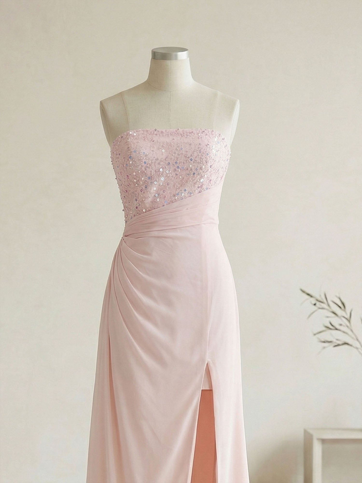 Glamorous Formal Evening Dress Soft Blush Beaded Strapless Slit Gown