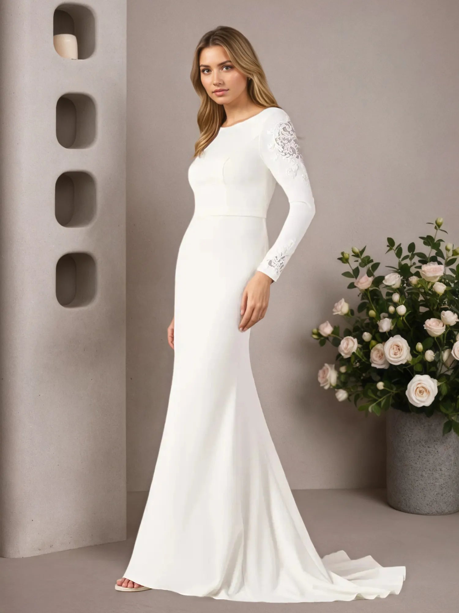 White Mermaid Scoop Sequins Stretch Crepe Wedding Dress
