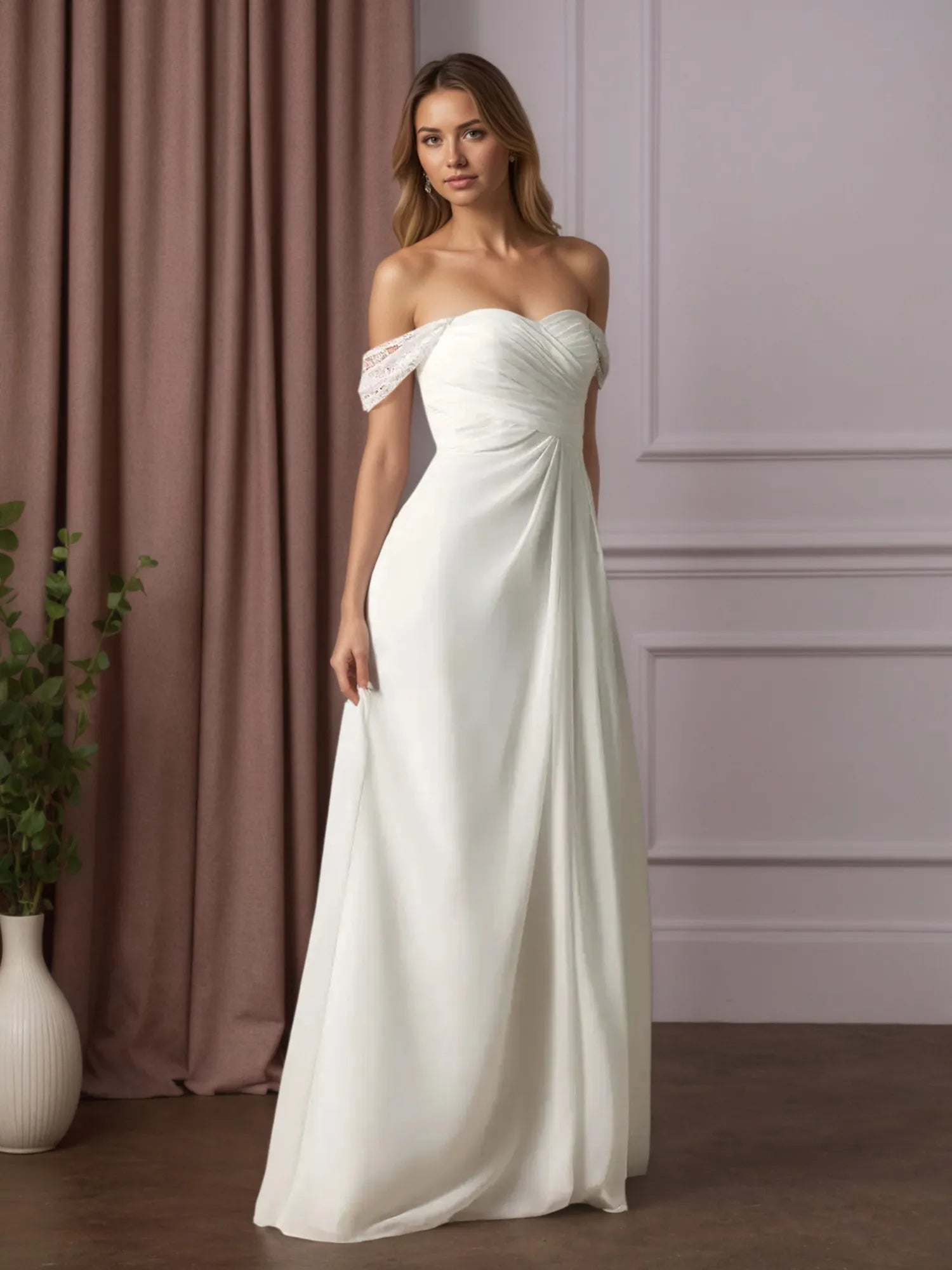 White A-Line Off the Shoulder Chiffon Wedding Dress