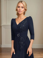 A-line V-Neck Ankle-Length Lace Chiffon Mother of the Bride Dress With Pleated Sequins