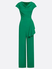 Women Green Ruched Cowl Neck Sleeveless Dressy Jumpsuit