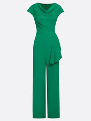Women Green Ruched Cowl Neck Sleeveless Dressy Jumpsuit