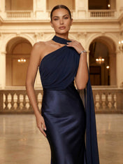 Navy Blue One Shoulder Chiffon Cape Midi Dress Satin Sheath Evening Gown