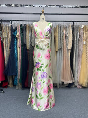 White Bow Floral V Neck Sleeveless Mermaid Gown Satin Dress