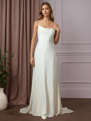 White A-Line Beaded Crepe Back Satin Wedding Dress