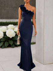 Navy Blue 3D Floral Classic One Shoulder Sleeveless Mermaid Gown Dress