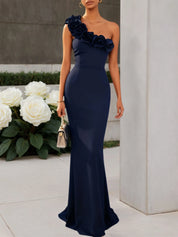 Navy Blue 3D Floral Classic One Shoulder Sleeveless Mermaid Gown Dress