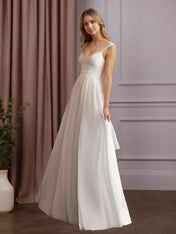 White A-Line V-Neck Sleeveless Lace Chiffon Wedding Dress