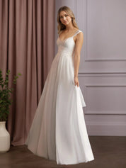 White A-Line V-Neck Sleeveless Lace Chiffon Wedding Dress