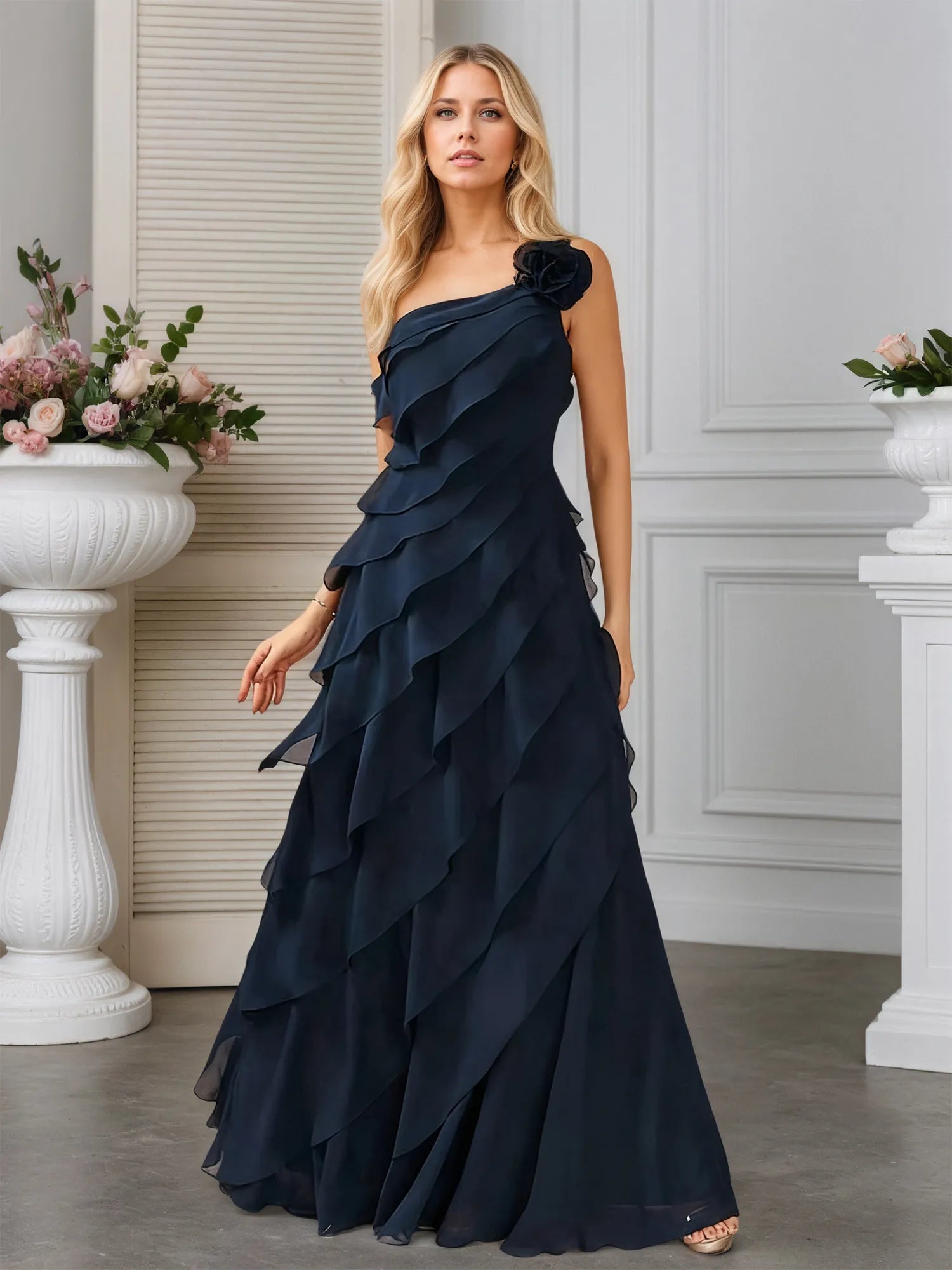 A-line One Shoulder Floor-Length Chiffon Evening Dress With Cascading Ruffles Flower