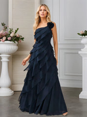 A-line One Shoulder Floor-Length Chiffon Evening Dress With Cascading Ruffles Flower