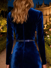 Sparkly Mermaid Royal Blue Long Velvet Holiday Party Dress with Beading