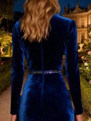 Sparkly Mermaid Royal Blue Long Velvet Holiday Party Dress with Beading