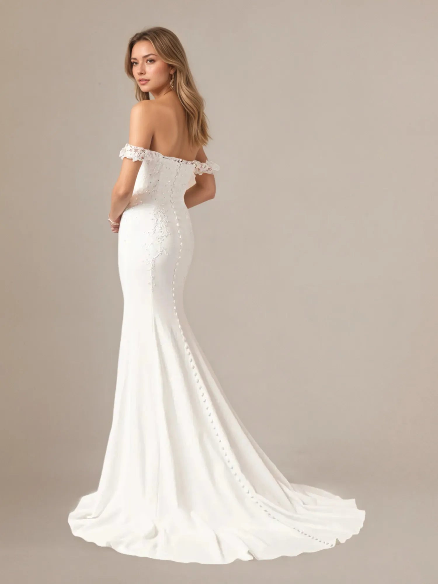 White Mermaid Sequins Off The Shoulder Stretch Crepe Wedding Dress