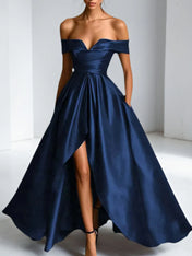 Formal Dress A Line Satin Off The Shoulder Slit Maxi Dress