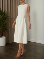 Apricot Lyocell Cotton Crew Neck Sleeveless A-Line Midi Dress