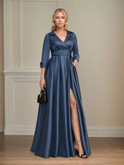 A-line V-Neck Collared Floor-Length Satin Mother of the Bride Dress With Beading 3D Floral Sequins Pleated