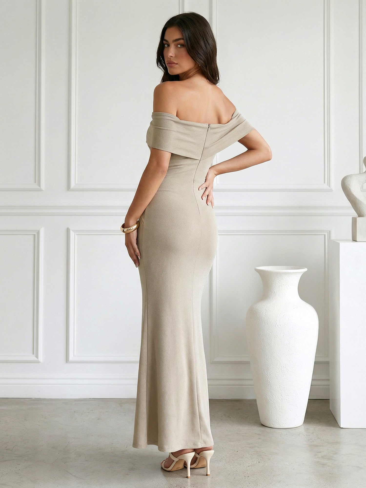 Taupe Strapless Satin Mermaid Maxi Dress with Pleat