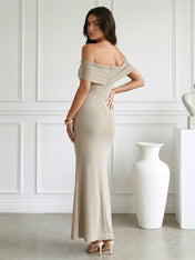 Taupe Strapless Satin Mermaid Maxi Dress with Pleat