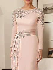Elegant Blush Satin Sheath Mother of the Bride Dress with Long Sleeves