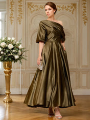 A-line Short Sleeves Pleated Ankle-Length Silk like Satin Mother of the Bride Dress