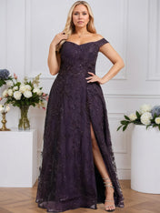 A-line Off the Shoulder Floor-Length Sequin Lace Evening Dress