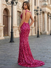 Mermaid V-Neck Backless Long Tight Sequin Prom Dress