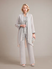 Elegant Sleeveless Appliques Silver Chiffon Mother of Bride Jumpsuit with Wrap