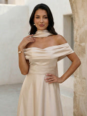 Champagne Off the Shoulder Satin Evening Dress with Scarf