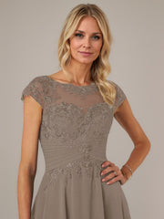 A-line Boat Neck Illusion Asymmetrical Chiffon Lace Mother of the Bride Dress With Applique Pleats