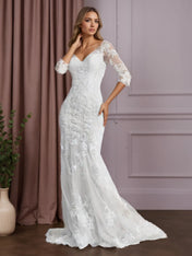 White Mermaid V-Neck Lace Tulle Wedding Dress