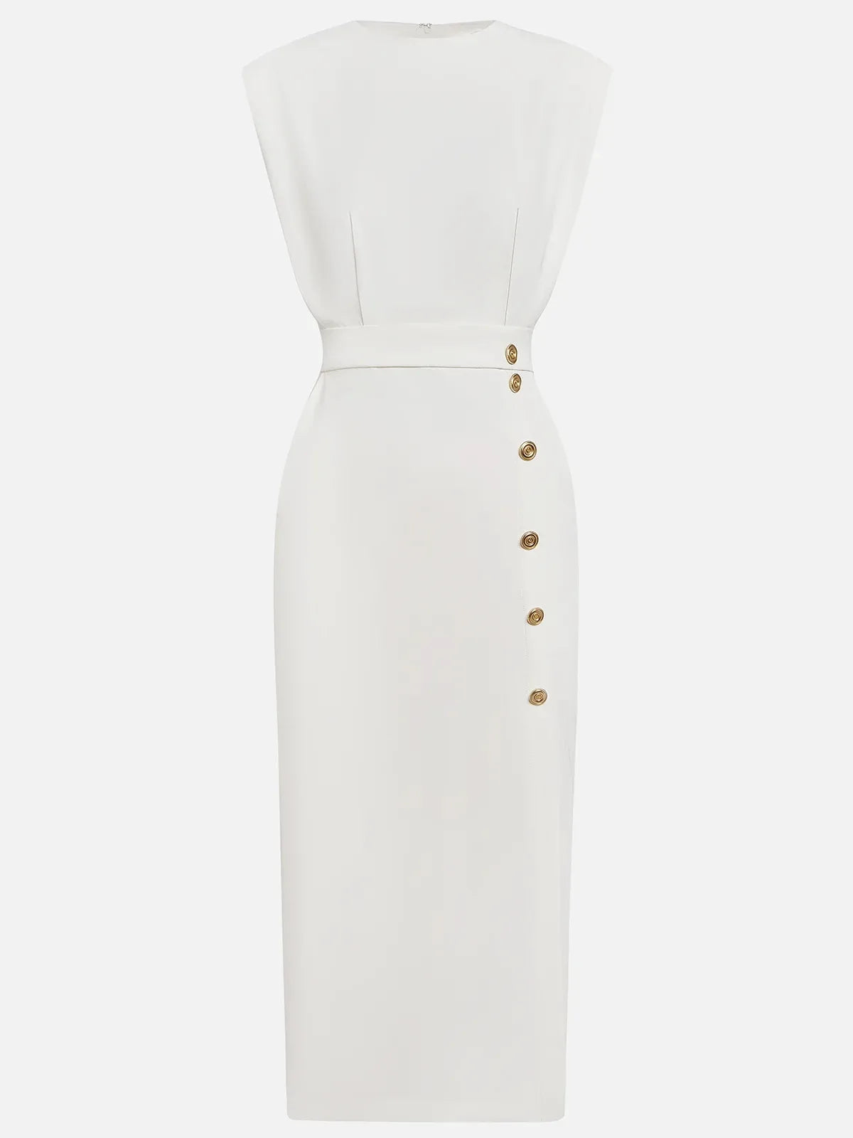 Off White Button Slit Crew Neck Sheath Midi Dress