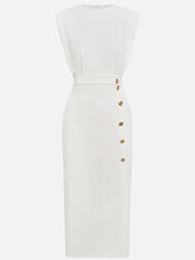 Off White Button Slit Crew Neck Sheath Midi Dress