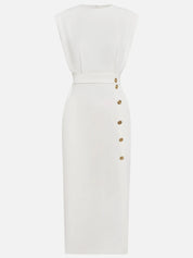 Off White Button Slit Crew Neck Sheath Midi Dress