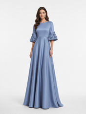 Solid Satin A-Line/Princess Bateau Neck Floor-Length Evening Dresses with 3D Floral Bell Sleeves