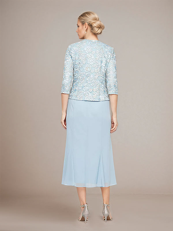 Sheath/Column Chiffon Square Neck Sleeveless Tea Length Mother of the Bride Dress