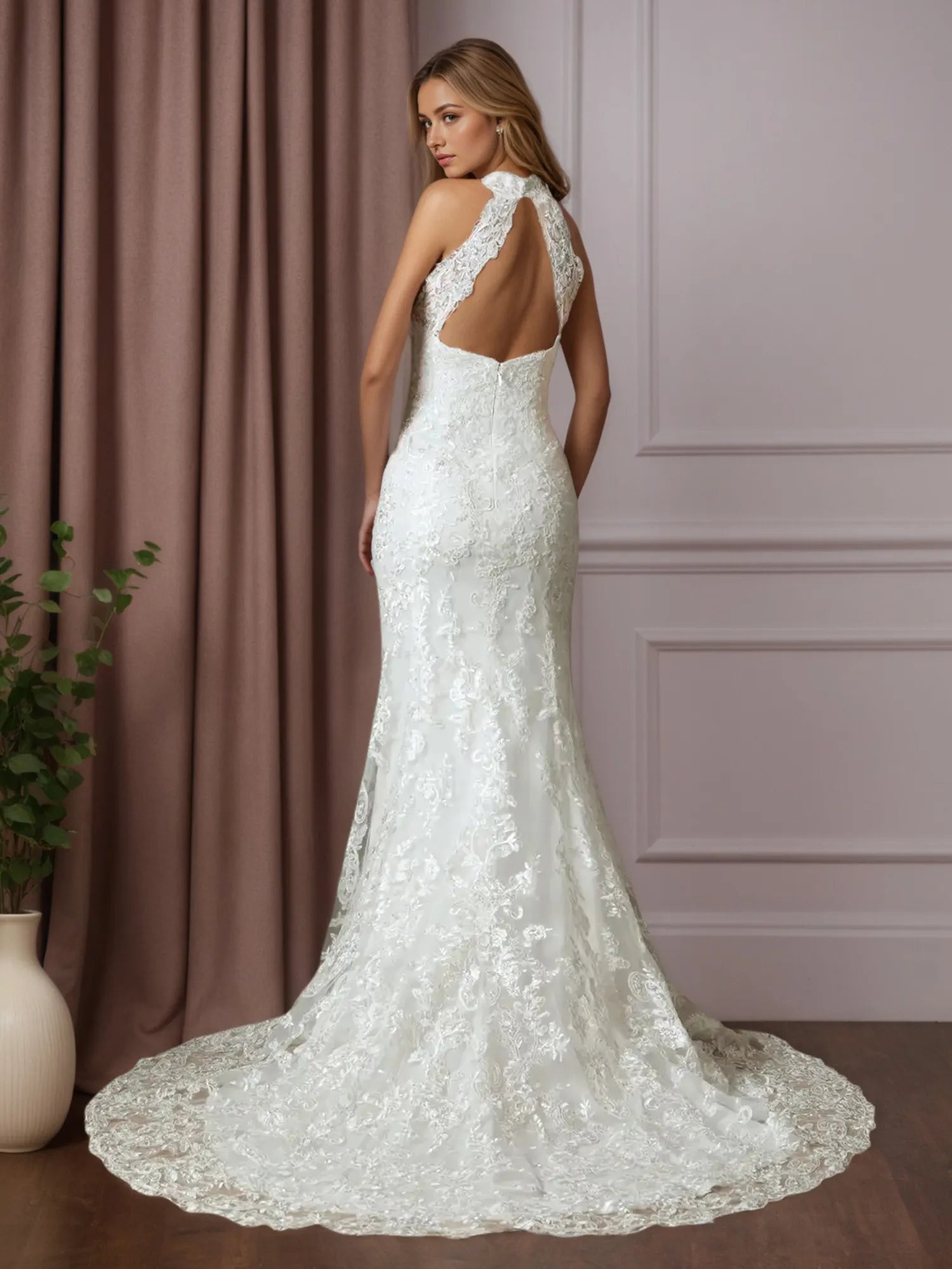 White Trumpet/Mermaid Pleated Lace Wedding Dress