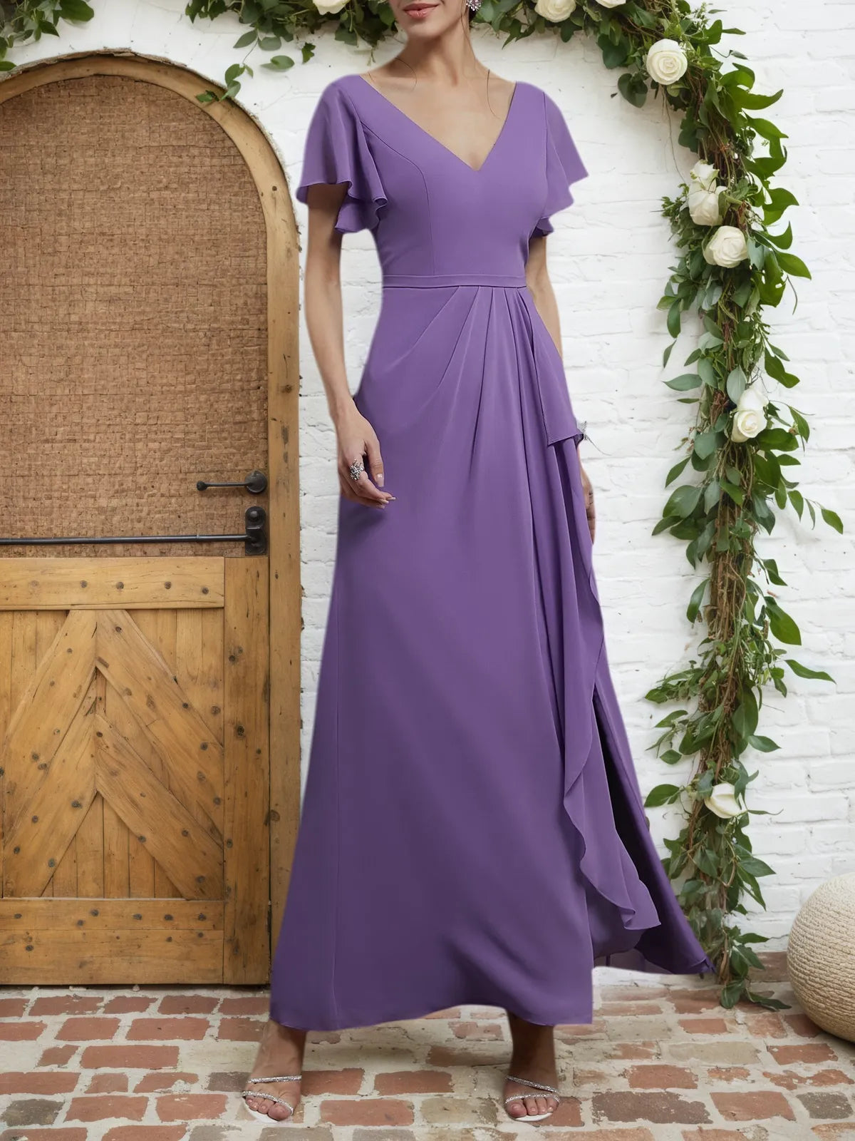 Purple Ruched V Neck Ruffle Sleeve A-Line Maxi Chiffon Bridesmaid Dress