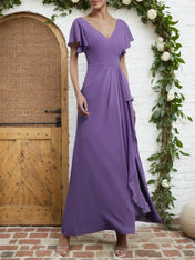 Purple Ruched V Neck Ruffle Sleeve A-Line Maxi Chiffon Bridesmaid Dress