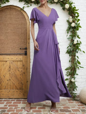 Purple Ruched V Neck Ruffle Sleeve A-Line Maxi Chiffon Bridesmaid Dress