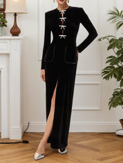 Black Bow Rhinestone Velvet Crew Neck Long Sleeve Sheath Maxi Dress
