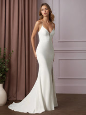 White Mermaid V-Neck Stretch Crepe Wedding Dress