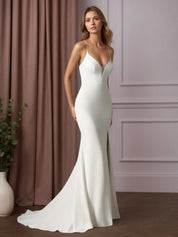 White Mermaid V-Neck Stretch Crepe Wedding Dress