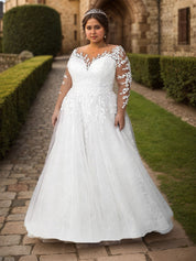 Long Sleeves White Bridal Gowns Plus Size Applique Wedding Dresses 2026