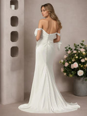 White Mermaid Off the Shoulder Crepe Back Satin Wedding Dress