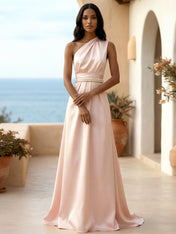 One Shoulder Pleat Satin A Line Evening Dresses with Beads