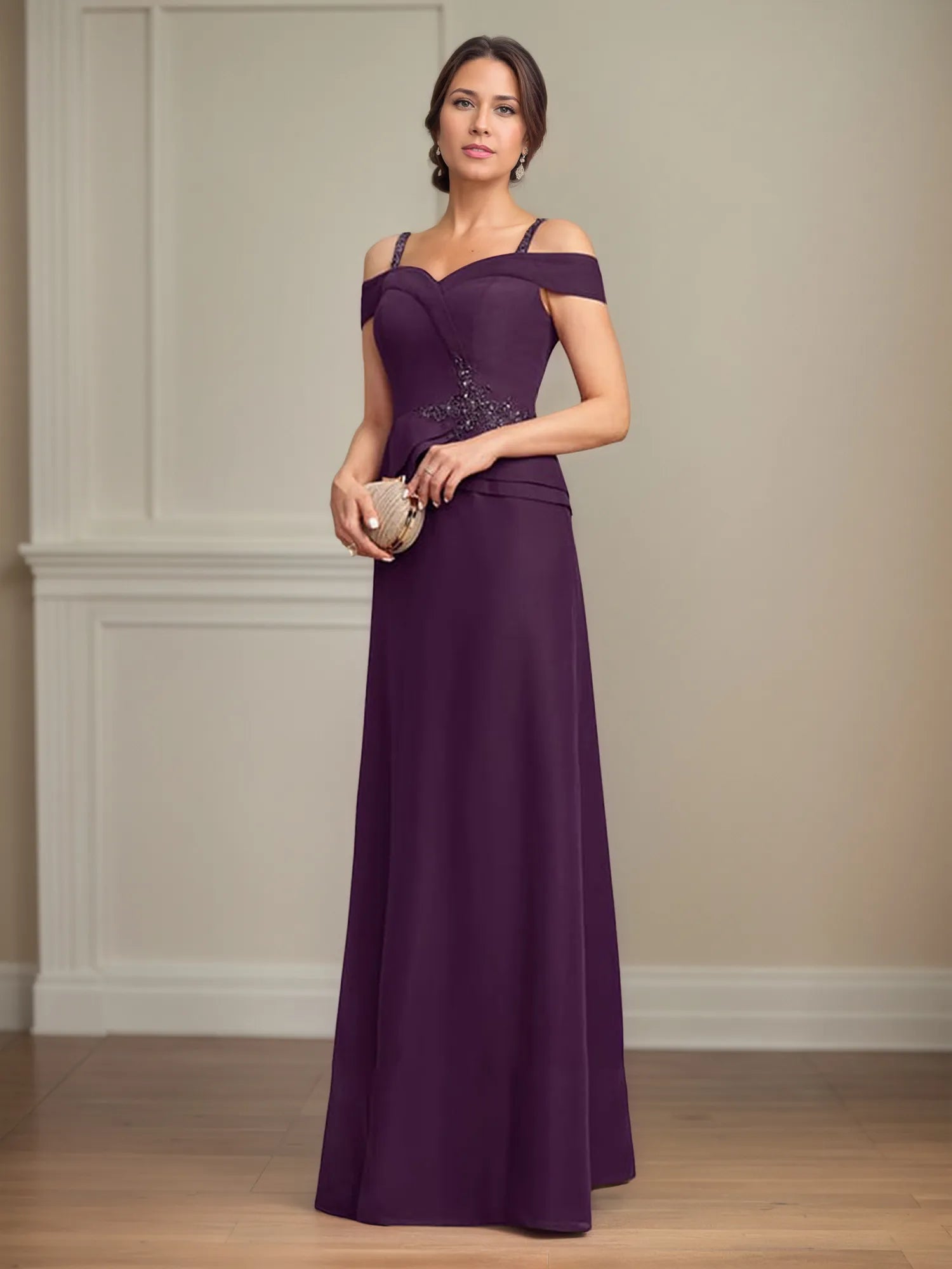 A Line Cold Shoulder Floor Length Chiffon Mother of the Bride Dress With Beading Sequins